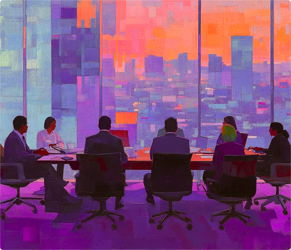 Group of seven businesspeople in a meeting room with cityscape at sunset outside large windows.