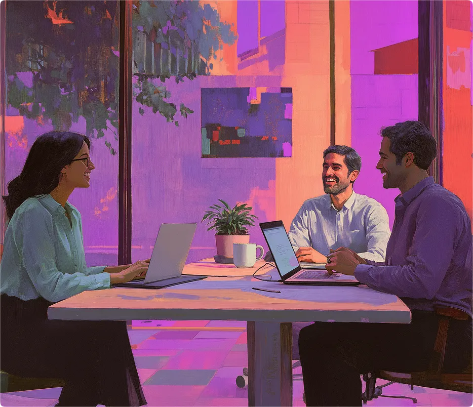 Three people sitting at a table in a bright room working on laptops and smiling during a meeting.