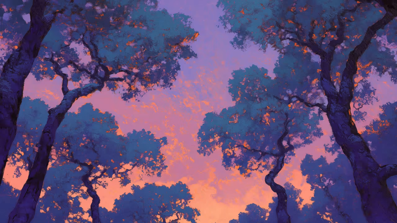 View looking up at tree canopies with dark trunks and purple-blue leaves against a pink and orange sunset sky.
