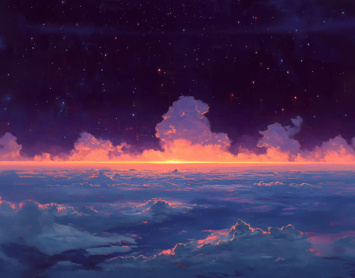 Digital artwork of a glowing sunset horizon above cloud tops under a star-filled night sky.