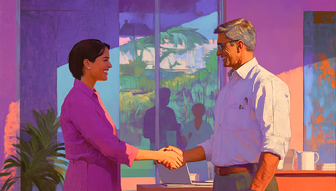 Man and woman smiling and shaking hands in a colorful office setting with plants and a laptop.