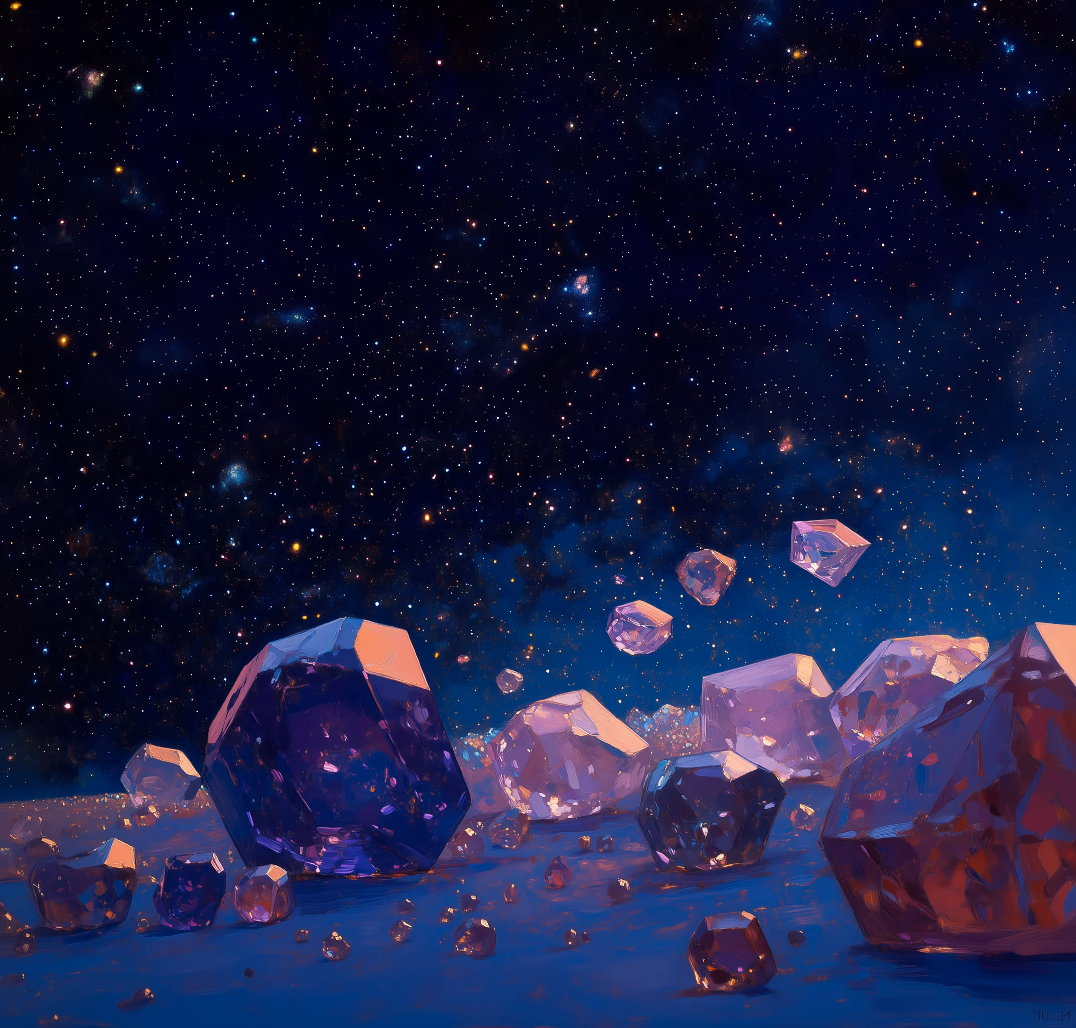Large purple and pink crystals scattered on a blue surface with a star-filled night sky background.