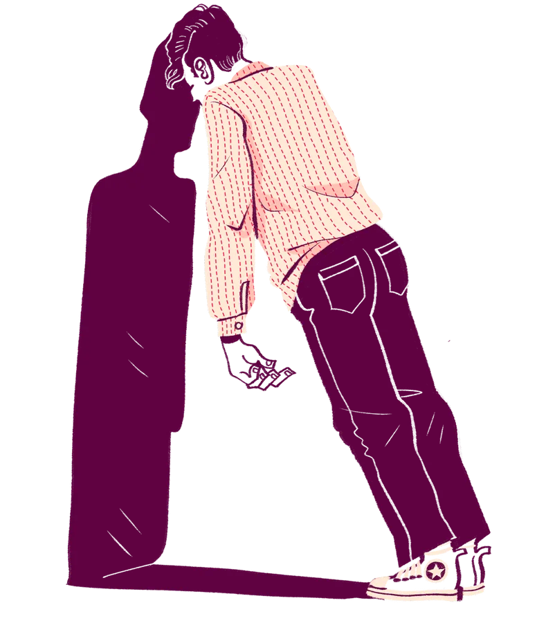 Illustration of an exhausted employee leaning his head against a wall