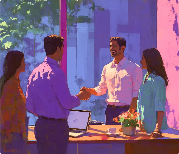 Two men shaking hands in an office with two women watching, laptop and flowers on desk.