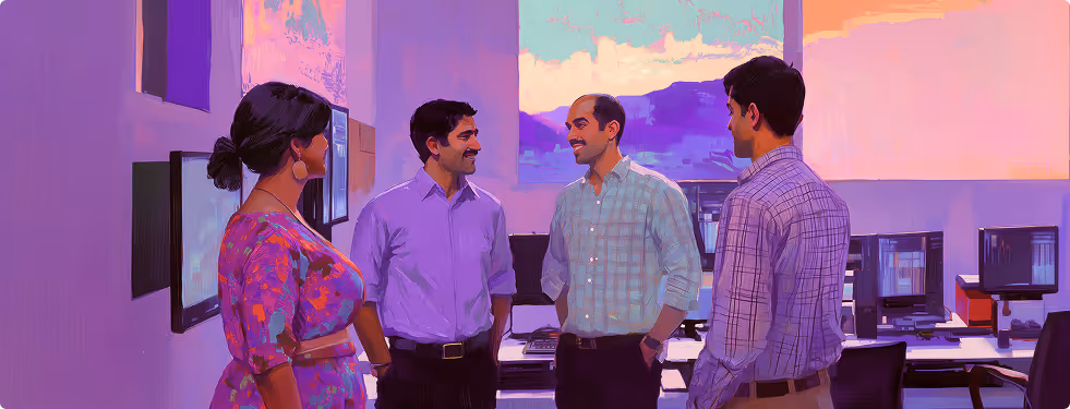 Four professionals standing and chatting in an office with desks and computers in the background.